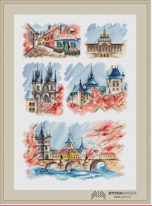 Cross stitch pattern Prague in frame