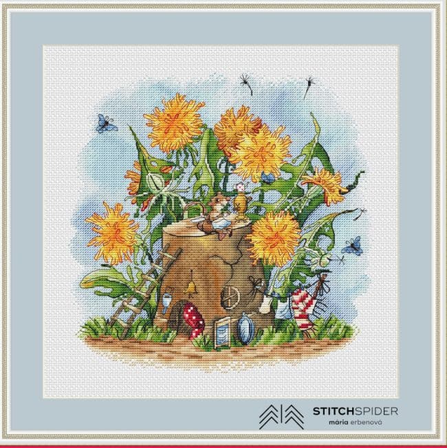 Cross stitch pattern House in dandelions in frame